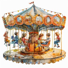  A vintage carousel with children riding on it.