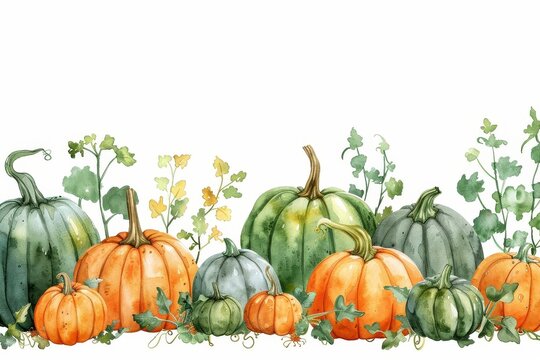 Watercolor seamless border with pumpkins, leaves and flowers. Perfect for Thanksgiving, autumn and harvest designs.