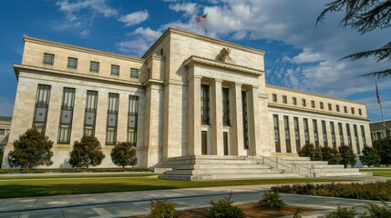 the Federal Reserve building with analysts discussing economic data, showcasing a formal and strategic setting in a government office, emphasizing monetary policy's impact on business.