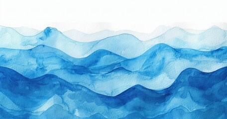 Obraz premium Abstract watercolor painting of tranquil blue waves on white background with copy space for text in artistic travel inspiration concept