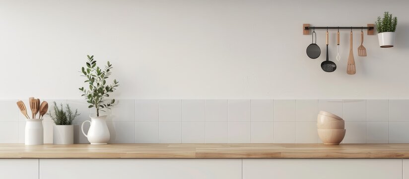 A kitchen counter with a white tile backsplash and a wooden counter top by AI generated image