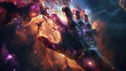Fototapeta premium Hand grasping a glowing celestial body in space
