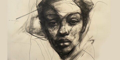 Fototapeta premium Black african american woman face charcoal sketch portrait, with expressive lines and shading on neutral light white background with copyspace