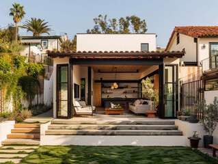 Obraz premium A large house with a patio and a pool. The house has a modern design and is surrounded by greenery