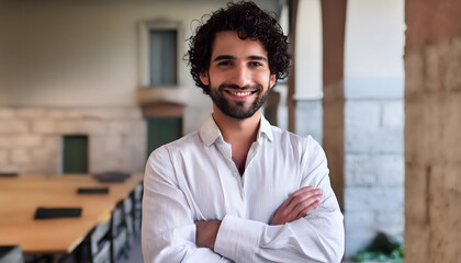 Obraz premium A professional portrait of a man with curly hair and a beard, wearing a white shirt and smiling confidently with arms crossed.