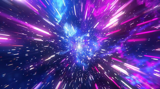 rendering 3d other celebration carnival party event background cosmic universe explosion galaxy light speed colors glow neon purple blue abstract bg fireworks photon ray technology flash.