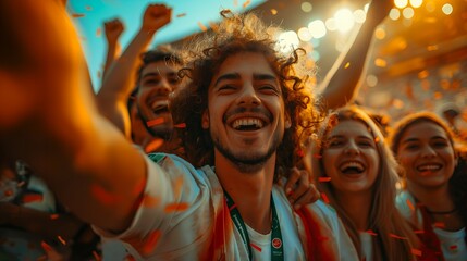 Obraz premium Group of Young People Celebrating at a Stadium Event with Confetti