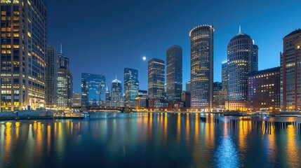 Evening skyline view of a major financial district like Chicago or Boston, with iconic skyscrapers illuminated against the twilight, symbolizing economic power and global finance.