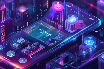 A futuristic cityscape with a phone displaying the word "keyobaba" on its screen