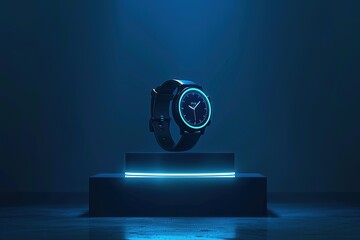 3D icon of a smartwatch on a podium, with a blue glow effect, minimalistic background, dark color 