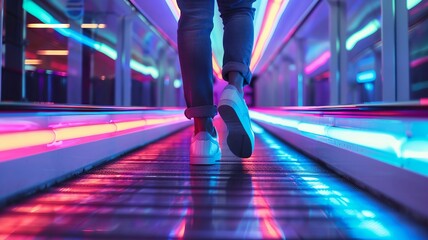 Fototapeta premium Walking into the Future: Neon Lights and Stylish Sneakers in a Modern Tunnel