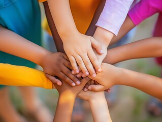 Close-up shot of diverse children's hands stacked together in a gesture of unity