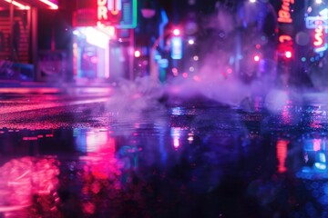 Obraz premium Urban landscape at night with vibrant neon lights and bustling city activity