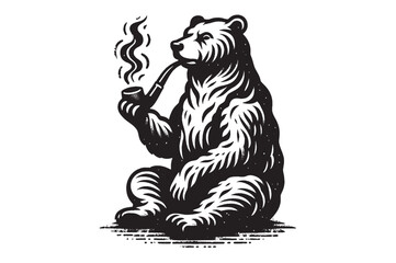Bear smoking a pipe. Vintage black engraving vector illustration. Emblem. Line art