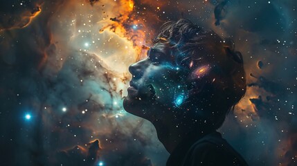 Fototapeta premium Dreamy Portrait of a Man's Silhouette Merged with a Cosmic Nebula and Starry Sky
