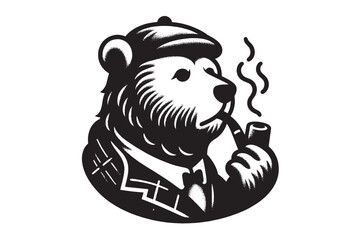 Bear smoking a pipe. Detective. Vintage black engraving vector illustration. Emblem. Line art