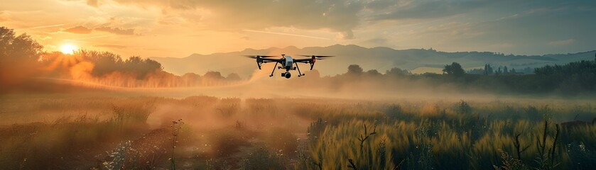 Fototapeta premium Agricultural Drone Spraying Crops Over Large Farm with Precision Technology Concept