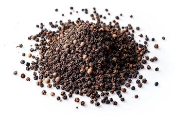 A close-up image of black pepper seeds scattered on a clean white surface, perfect for use in food or spice-related contexts