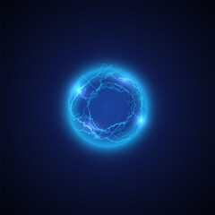 3D plasma sphere with blue lightning. Vector illustration.