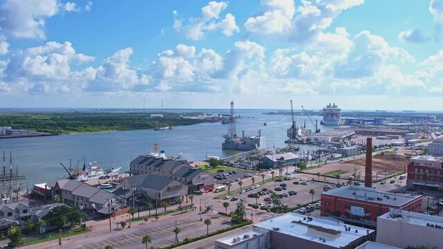 drone video of the shipyards and cruise ports of galveston island

