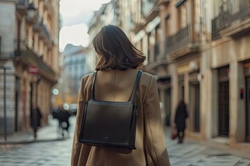 Mujer caminando en una calle de la ciudad, llevando un bolso de diseñador, destacando el estilo y...