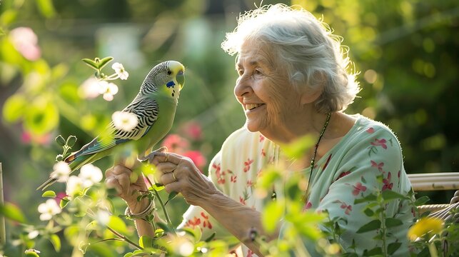 Serene Elderly Woman Bonding with Parakeet in Flower Garden on Sunny Afternoon