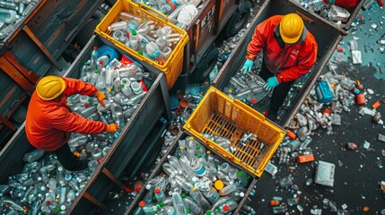 Obraz premium Workers Sorting Plastic Bottles at a Recycling Facility. Generative ai