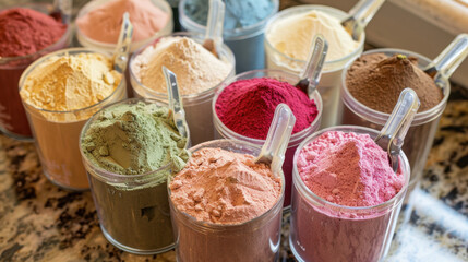 Assorted Natural Powdered Colors in Containers with Scoops on Marble Countertop