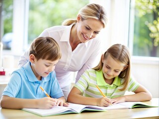 A cheerful female teacher assists two focused young students, a boy and a girl, during a tutoring session in a bright classroom setting, enhancing their learning experience.