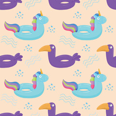 Seamless pattern with blue inflatable unicorn and purple toucan. A float for the pool. Inflatable colorful unicorns and cockatoos. A swimming circle. Vector template for your summer beach design