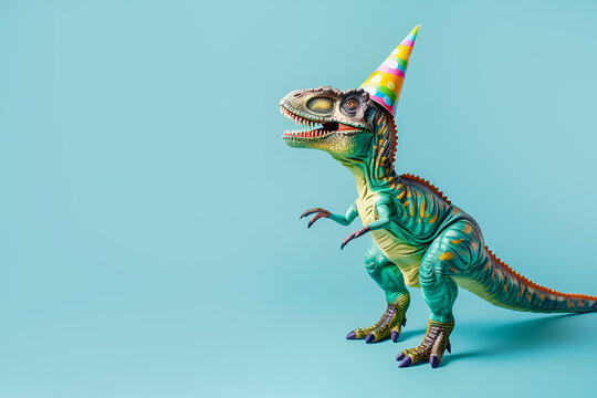 Cute dinosaurios in a bithday hat on pastel green background