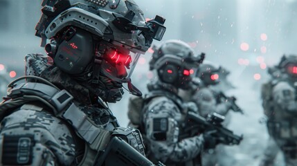 Soldier of the future featuring wearable AI assistants, showcasing futuristic design in a setting of battlefield coordination, emphasizing enhanced decision-making.