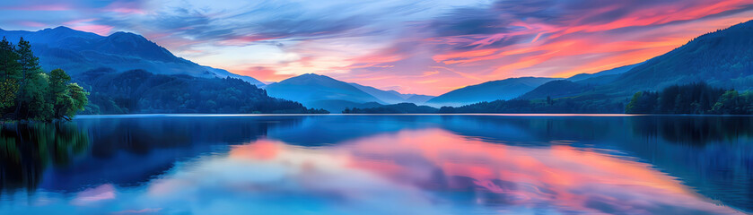 Fototapeta premium Serene mountain lake reflecting a vibrant sunset with dramatic clouds, surrounded by lush forests and towering peaks.