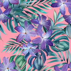 Fototapeta premium Tropical pattern. Paradise plants and flowers. Hawaiian pattern. Exotic, tropics
