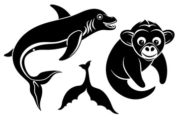 chimpanzee dolphin whale head icon silhouette vector illustration 