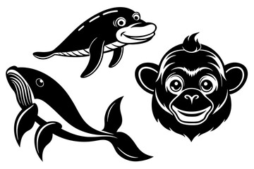 chimpanzee dolphin whale head icon silhouette vector illustration 