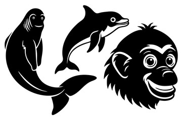 chimpanzee dolphin whale head icon silhouette vector illustration 