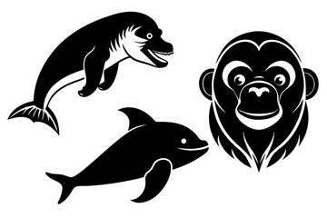 chimpanzee dolphin whale head icon silhouette vector illustration 