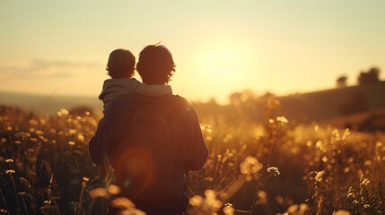 Father and Child Enjoying a Sunset in a Field of Wildflowers, Backlit by Golden Sunlight