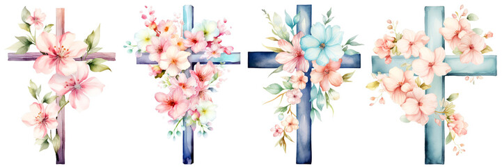 Obraz premium Watercolor floral cross decorated with pink and blue flowers and green leaves, delicate and elegant design. Watercolor Clipart on Transparent Background. 