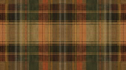 Seamless plaid pattern in rustic autumn colors of orange, brown, and green, ideal for cozy seasonal designs.