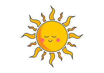 Happy sun with smiling face, sun rays radiating out, illustrated sun with rosy cheeks