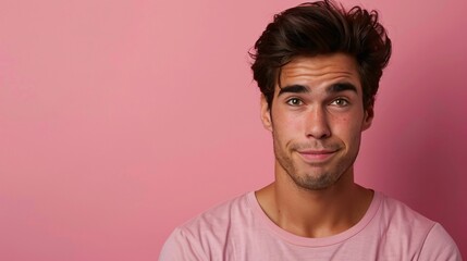 Obraz premium Young Man with Playful Expression Against Pink Background Wearing Casual T-Shirt