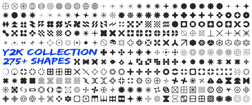 Retro futuristic elements for design.Mega set of shapes in modern futuristic y2k style.Collection of abstract geometric symbols.Trendy geometric brutalism forms, memphis elements for posters, banners.