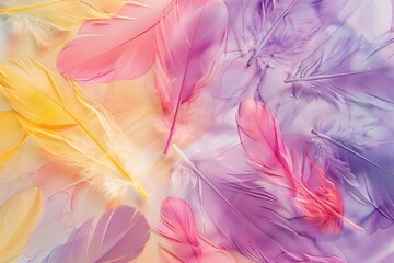 Obraz premium Colorful feathers in various shades of pink, purple and yellow, arranged on a white background,