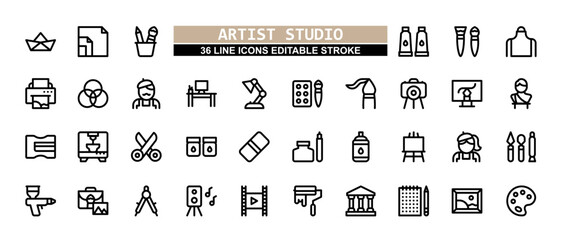 36 Artist Studio Line Icons Set Pack Editable Stroke Vector Illustration.