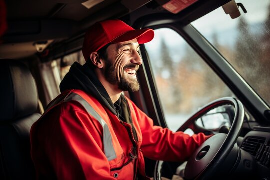 Friendly truck driver operating vehicle, making eye contact with camera, in professional setting