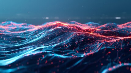 Futuristic Digital Waves with Glowing Red and Blue Grid in Abstract Cybernetic Landscape