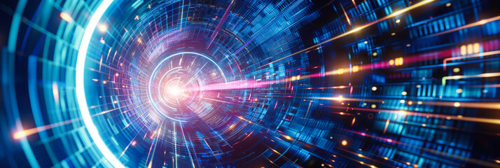 Fototapeta premium Spiraling futuristic tunnel with vibrant lights.