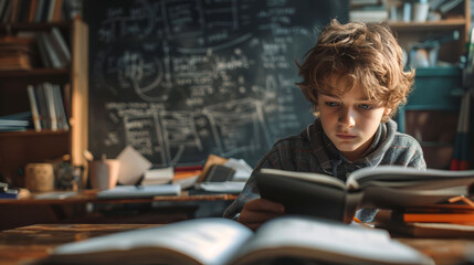 Focused young student deeply engaged in reading a book in a busy classroom, surrounded by an organized array of school supplies and a detailed chalkboard